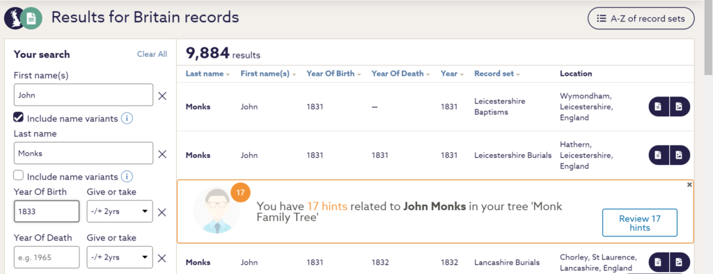 Using Standard Search For Names in Findmypast