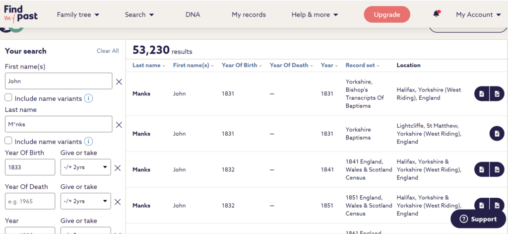 Using Wildcard Search For Names in Findmypast