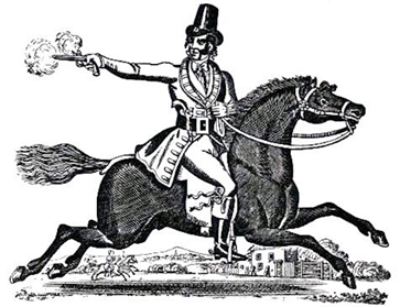 Dick Turnpin riding a horse and firing a gun